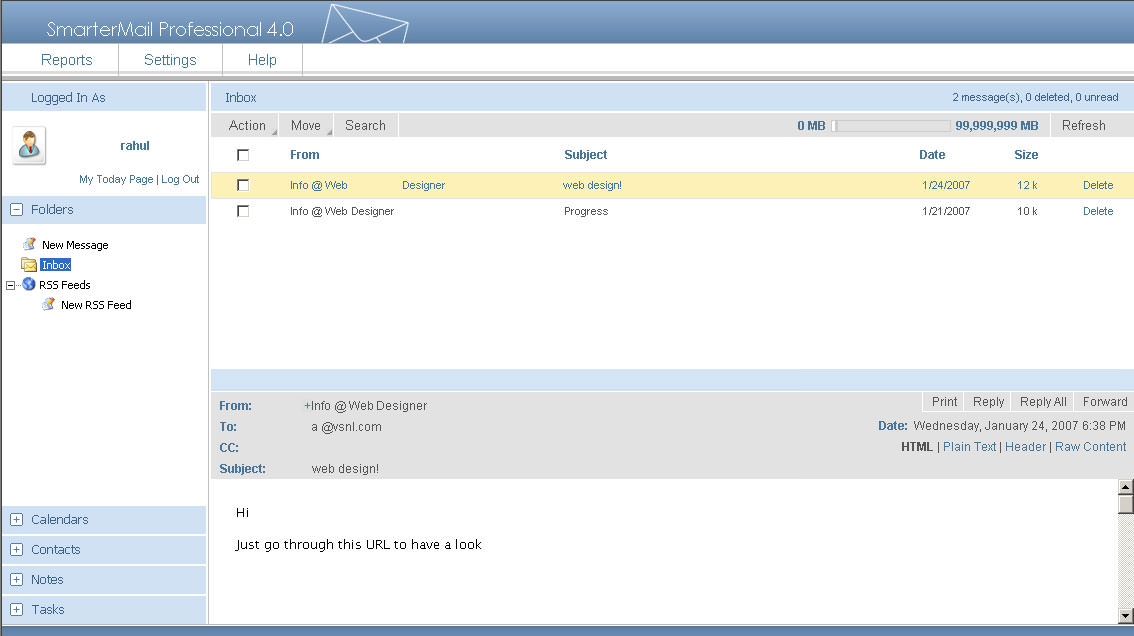 SmarterMail Professional 4.0 - Inbox GUI