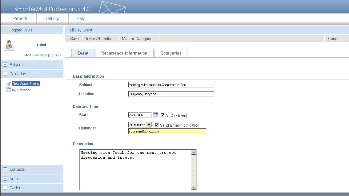 SmarterMail Professional 4.0 - Free Online Schedular Reminder